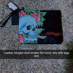Ed Hardy Black Skull Wristlet with Red Roses